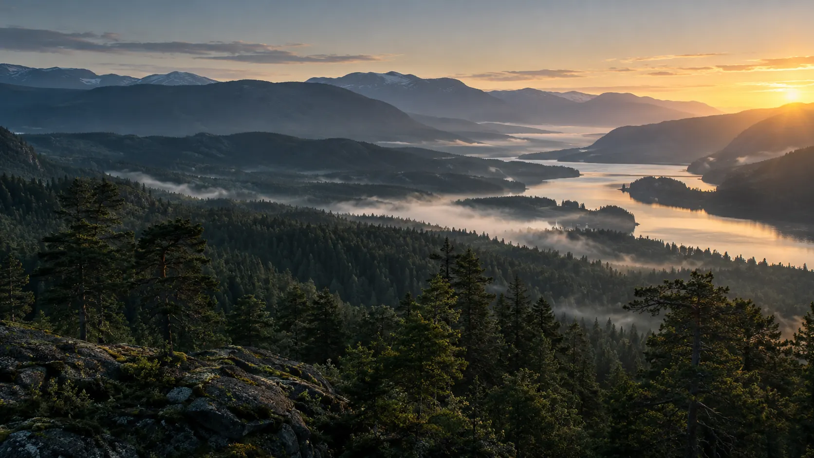 Illustrative Scandinavian forest and fjord at dawn, with mist between distant mountains.